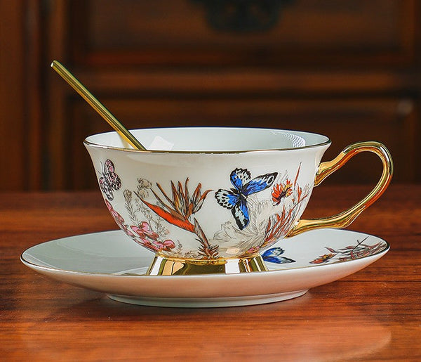 Ceramic Coffee Cups in Gift Box, Butterfly Pattern Porcelain Tea Cup and Saucer Set, British Traditional Afternoon Tea Cup and Saucer Set-Art Painting Canvas