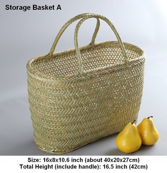 Natural Fruit Basket Kitchen Storage Baskets, Lovely Bamboo Baskets for Vegetable, Picnic Food Basket with Handle, Large Natural Hand-woven Bamboo Basket-Art Painting Canvas