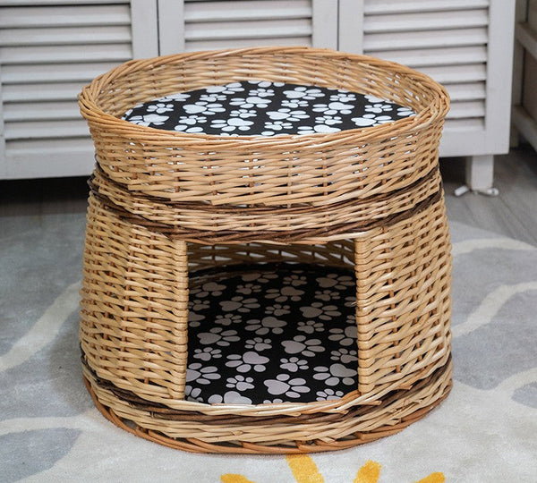 Large Double-Layer Cat Bed, Wicker Cat House Basket with Washable Cushion for Indoor Cats and Dogs