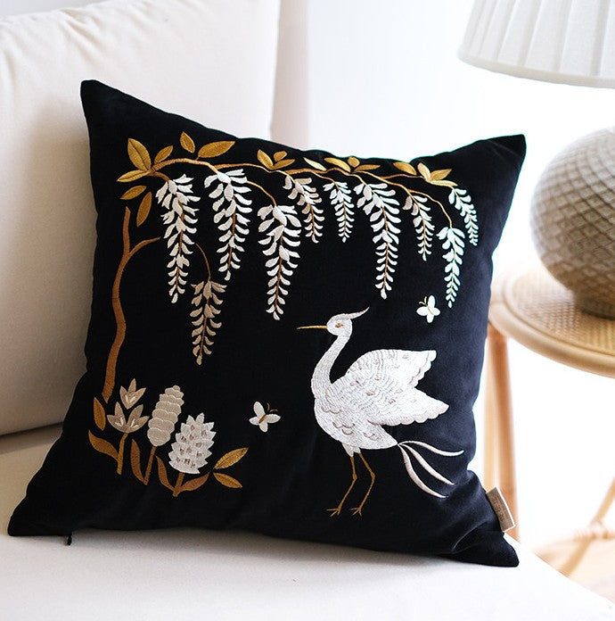 Decorative Pillow Arrangement Ideas For Bed Embroidered Egret Cushion, Elegant Bird Artwork For Bedroom Decor, Nature Inspired Textile Pillow With Egret Design, Soft And Artistic Cushion For Bed Headboard, Unique Hand Embroidered Home Accent Pillow