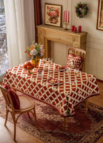 Holiday Red Tablecloth for Dining Table, Rabbit Pattern Table Cover for Dining Room Table, Modern Rectangle Tablecloth for Oval Table-Art Painting Canvas
