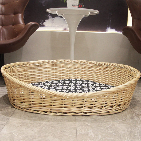 Natural Wicker Dog Bed with Washable Cushion for Indoor Cats and Dogs, Hand woven Rattan Cat Beds-Art Painting Canvas