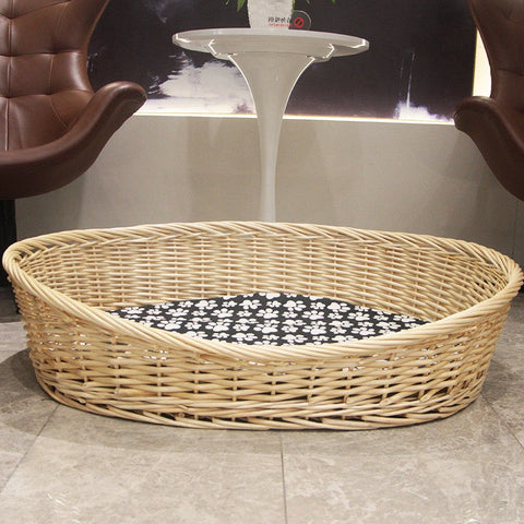 Natural Wicker Dog Bed with Washable Cushion for Indoor Cats and Dogs, Hand woven Rattan Cat Beds-Art Painting Canvas