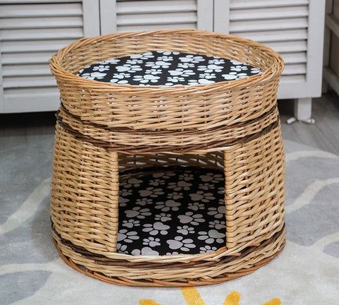 Large Double-Layer Cat Bed, Wicker Cat House Basket with Washable Cushion for Indoor Cats and Dogs-Art Painting Canvas