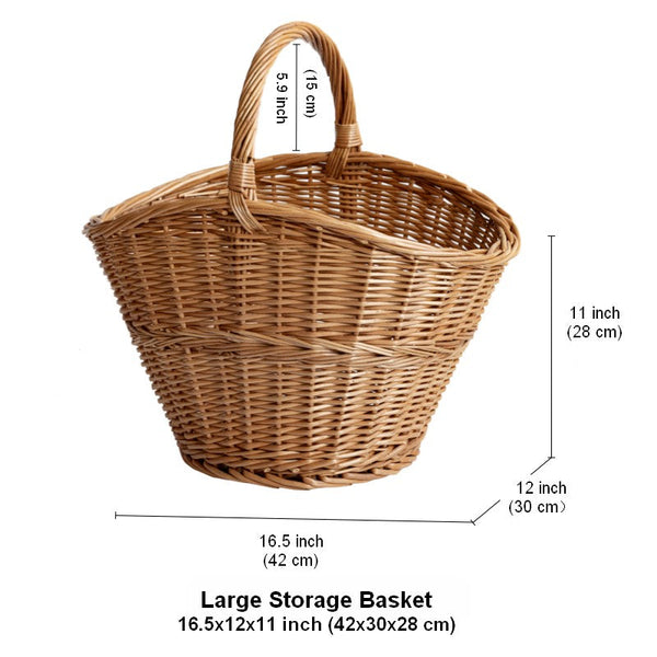Willow Weaving Baskets with Handle, Large Picnic Food Basket with Handle, Natural Hand-woven Wicker Storage Basket, Natural Fruit Baskets, Kitchen Storage Baskets-Art Painting Canvas