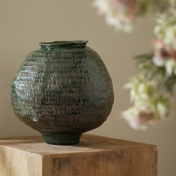 Large Contemporary Vases on Dining Table, Handmade Modern Flower Vase, Centerpiece Ceramic Bouquet Vases, Green Porcelain Vases for Modern Home Decor-Art Painting Canvas