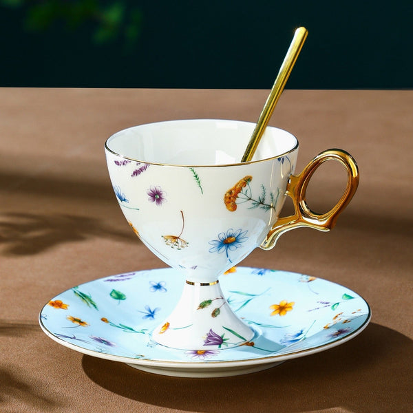 Elegant British Ceramic Coffee Cup with Saucer, 6.8 oz Tea Cup and Saucer Set in Gift Box, Floral Porcelain Tea Cup and Saucer Set, Flower Ceramic Tea Cup and Saucer-Art Painting Canvas