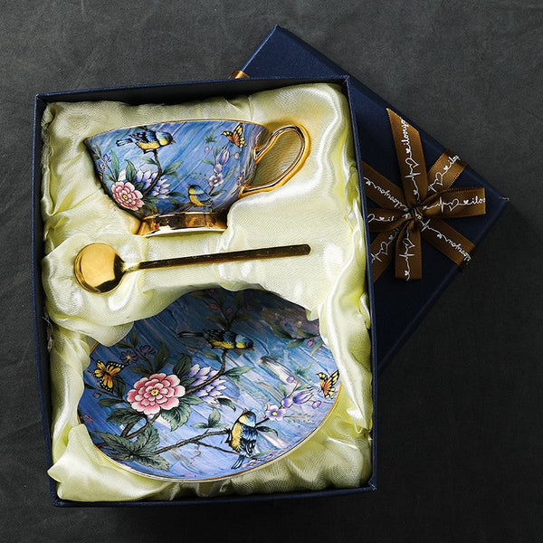 Blue Bird and Butterfly Porcelain Tea Cup Saucer Set, 7.4 oz British Tea Cup and Saucer in Gift Box, Elegant British Ceramic Coffee Cups-Art Painting Canvas