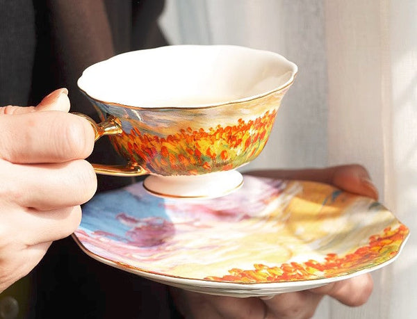 Elegant Ceramic Coffee Cups, Flower Field Vintage Porcelain Tea Cup Saucer Set, Unique British Tea Cup and Saucer in Gift Box, Royal Ceramic Cups-Art Painting Canvas