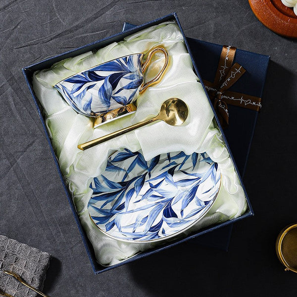 Unique British Tea Cup and Saucer in Gift Box, Blue Porcelain Tea Cup Saucer Set, 7.4 oz British Ceramic Coffee Cups-Art Painting Canvas
