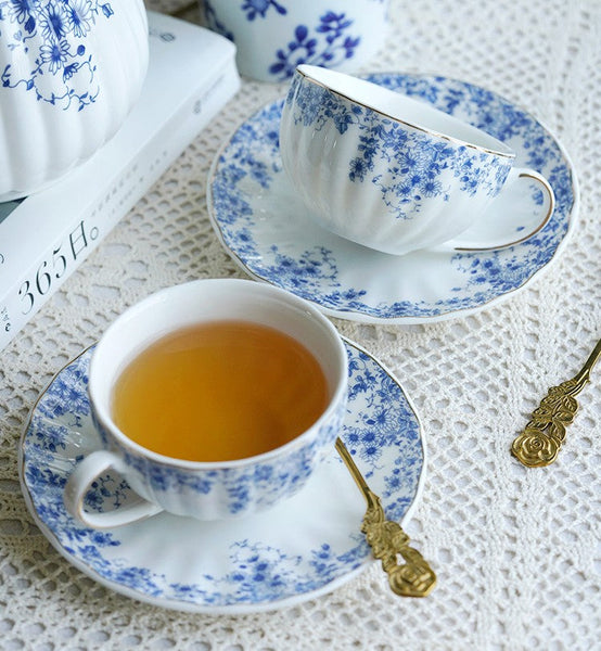 Blue Porcelain Tea Cup Saucer Set, British Royal Ceramic Cups for Traditional Afternoon Tea, Unique Blue Tea Cup and Saucer in Gift Box, Elegant Ceramic Coffee Cups-Art Painting Canvas