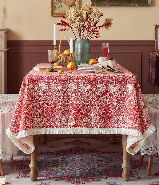 Large Fiberflax Rectangle Tablecloth for Home Decoration, Red Flower Pattern Tablecloth for Holiday Decoration, Square Tablecloth for Round Table-Art Painting Canvas