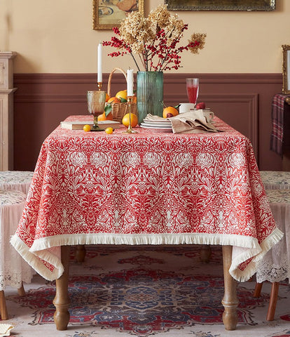 Large Fiberflax Rectangle Tablecloth for Home Decoration, Red Flower Pattern Tablecloth for Holiday Decoration, Square Tablecloth for Round Table-Art Painting Canvas