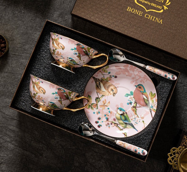 Unique Tea Cup and Saucer in Gift Box, Lovely Birds Ceramic Cups, 8 oz Ceramic Coffee Cups, Afternoon Porcelain Tea Cup Set-Art Painting Canvas