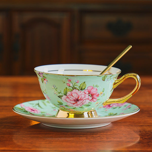 Afternoon British Tea Cup with Saucer, Floral Porcelain Tea Cup and Saucer Set, Traditional English Tea Cup and Saucer Set, Ceramic Coffee Cup with Saucer-Art Painting Canvas