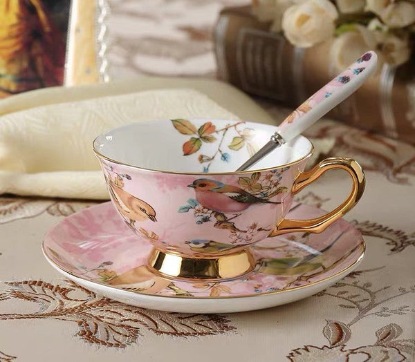 Elegant Ceramic Coffee Cups, 7.4 oz British Tea Cups, Bird Porcelain Tea Cup Saucer Set, Tea Cup and Saucer in Gift Box as Birthday Gift-Art Painting Canvas