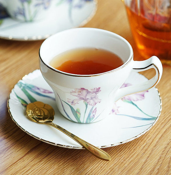 Iris Flower British Tea Cups, Beautiful Porcelain Tea Cup Saucer Set, Traditional English Tea Cup and Saucer, Unique Ceramic Coffee Cups in Gift Box-Art Painting Canvas