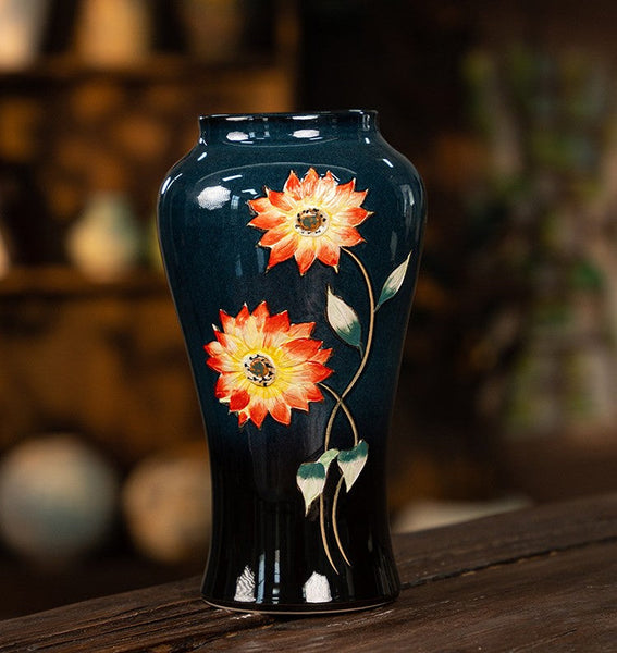 Ceramic Bouquet Vases, Sunflower Vases on Table, Porcelain Flower Vases, Dining Table Centerpiece, Handmade Water Holding Flower Vase-Art Painting Canvas
