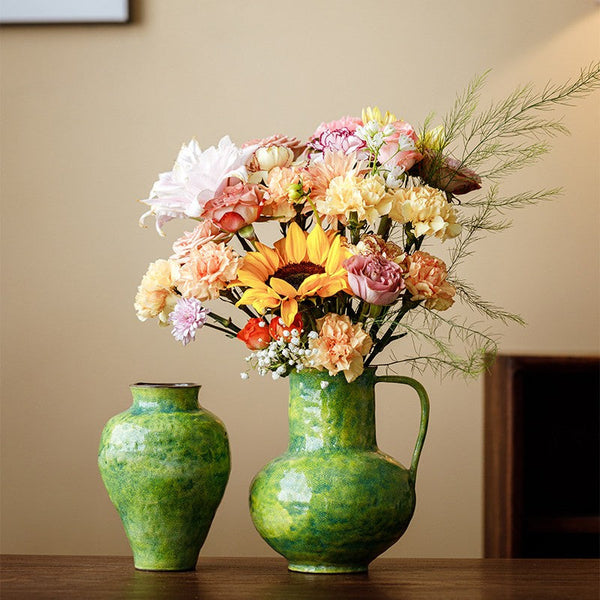 Centerpiece on Dining Table, Modern Pottery Flower Vases, Handmade Water Holding Flower Vases, Pottery Bud Vases, Large Green Flower Vases on Table-Art Painting Canvas