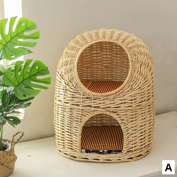 Large Double-Layer Cat Bed, Wicker Cat House Basket with Washable Cushion for Indoor Cats and Dogs-Art Painting Canvas