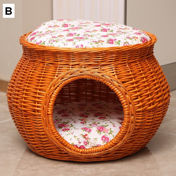 Rattan Cat Bed, Wicker Cat House Basket with Washable Cushion for Indoor Cats and Dogs