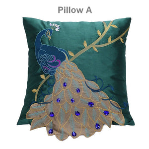 Decorative Sofa Pillows, Decorative Pillows for Couch, Beautiful Decorative Throw Pillows, Green Embroider Peacock Cotton and linen Pillow Cover-Art Painting Canvas