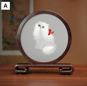 Exclusive Business Present, Lovely Kitty Cat Embroidered Decor, Premium Souvenir, Unique Birthday Gift, Traditional Chinese Suzhou Kitten Embroidery Ornament-Art Painting Canvas