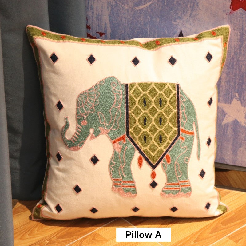 Cotton Decorative Pillows, Elephant Embroider Cotton Pillow Covers, Farmhouse Decorative Sofa Pillows, Decorative Throw Pillows for Couch-Art Painting Canvas