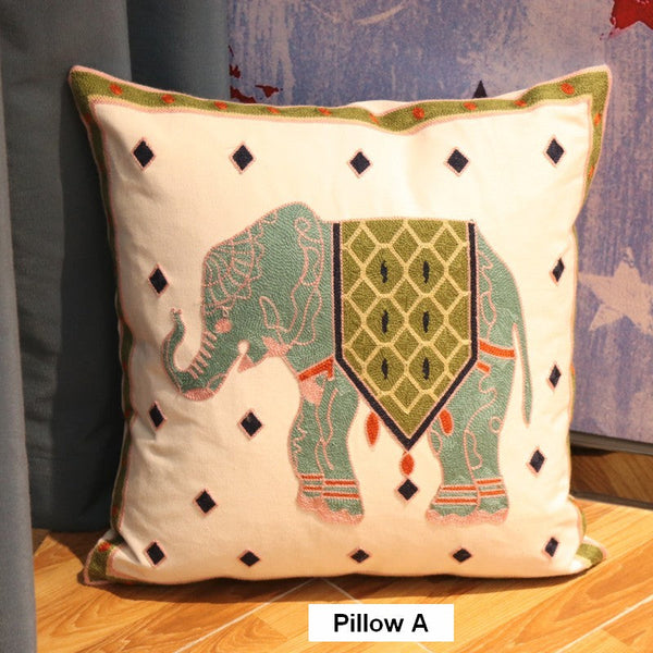 Cotton Decorative Pillows, Elephant Embroider Cotton Pillow Covers, Farmhouse Decorative Sofa Pillows, Decorative Throw Pillows for Couch-Art Painting Canvas