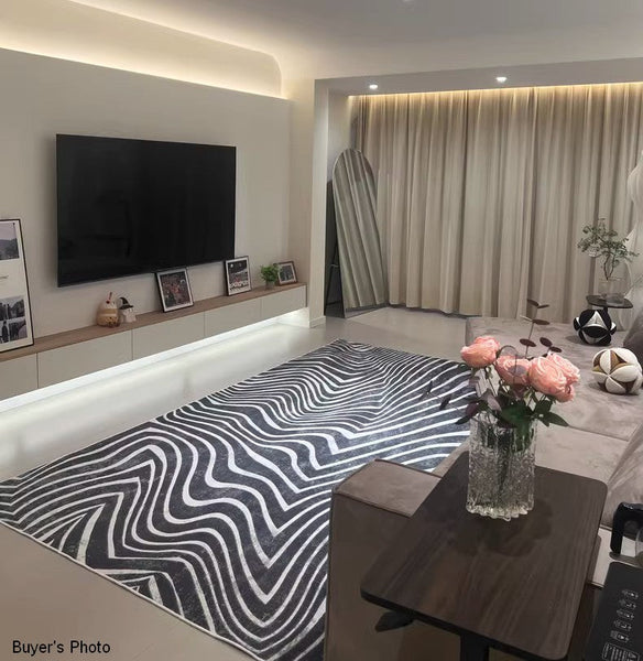 Abstract Contemporary Rugs for Bedroom, Black Stripe Area Rugs under Sofa, Mid Century Area Rugs for Living Room, Modern Carpets for Office, Dining Room Floor Rugs