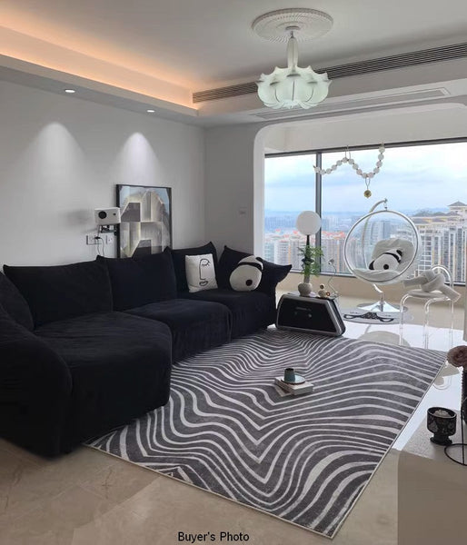 Abstract Contemporary Rugs for Bedroom, Black Stripe Area Rugs under Sofa, Mid Century Area Rugs for Living Room, Modern Carpets for Office, Dining Room Floor Rugs