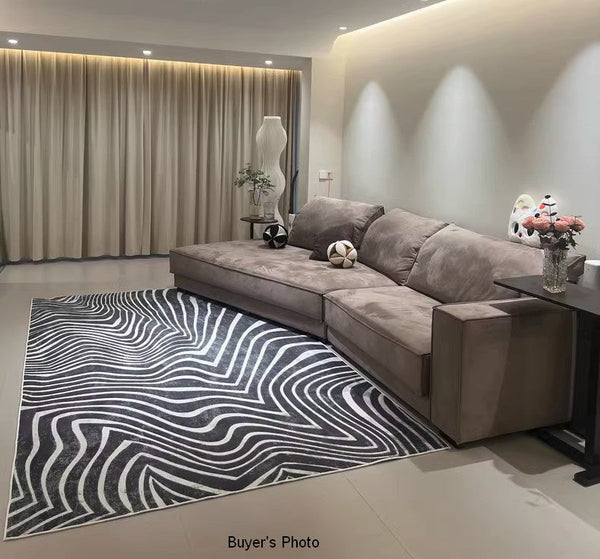 Abstract Contemporary Rugs for Bedroom, Black Stripe Area Rugs under Sofa, Mid Century Area Rugs for Living Room, Modern Carpets for Office, Dining Room Floor Rugs