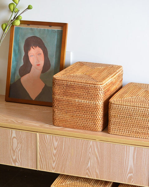 Storage Baskets with Lid, Rectangular Storage Baskets, Storage Baskets for Clothes, Pantry Storage Baskets, Rattan Woven Storage Basket for Bedroom-Art Painting Canvas