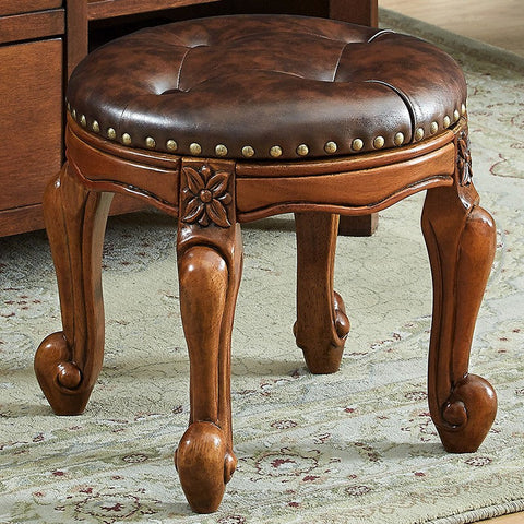 Genuine Leather Solid Wood Entry Bench, Vintage Round Stool, Solid Wood Ottoman, Rubberwood Entry Bench, Vanity Stool-Art Painting Canvas