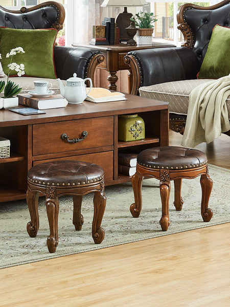 Genuine Leather Solid Wood Entry Bench, Vintage Round Stool, Solid Wood Ottoman, Rubberwood Entry Bench, Vanity Stool-Art Painting Canvas