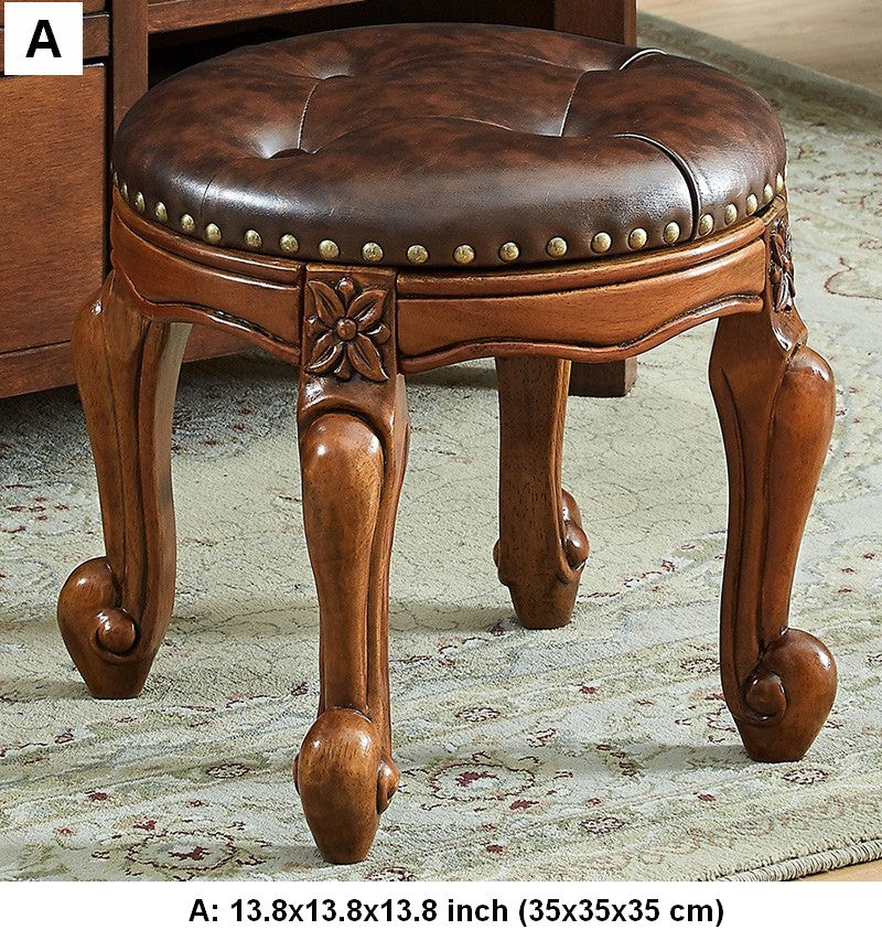 Genuine Leather Solid Wood Entry Bench, Vintage Round Stool, Solid Wood Ottoman, Rubberwood Entry Bench, Vanity Stool-Art Painting Canvas