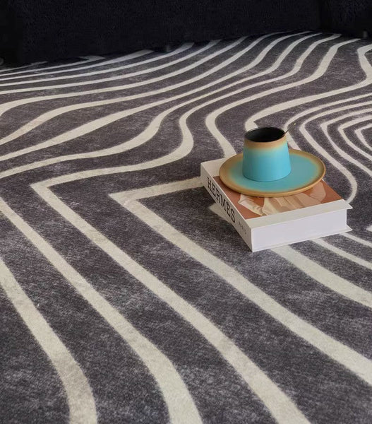 Abstract Contemporary Rugs for Bedroom, Black Stripe Area Rugs under Sofa, Mid Century Area Rugs for Living Room, Modern Carpets for Office, Dining Room Floor Rugs