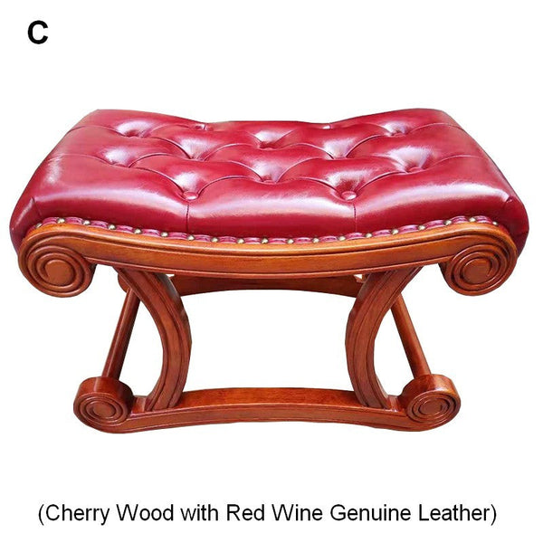 Cherry Wood Footstool, Vintage Leather Stool, Genuine Leather Solid Wood Entry Bench, Long Bench, Vanity Stool, Dressing Table Stool-Art Painting Canvas