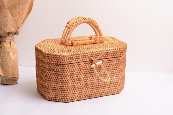 Rattan Wicker Serving Basket, Storage Baskets for Picnic, Kitchen Storage Baskets, Woven Storage Baskets with Lid-Art Painting Canvas