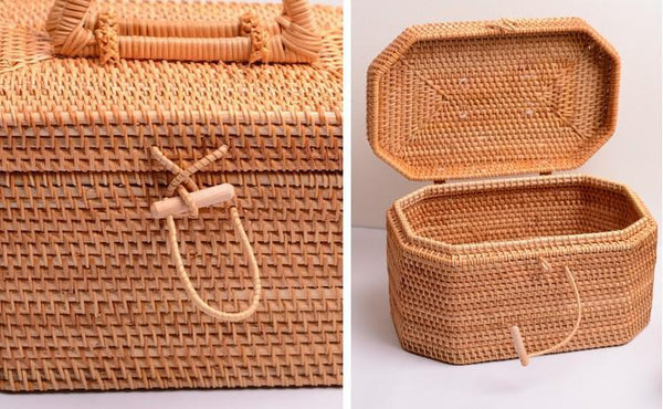 Rattan Wicker Serving Basket, Storage Baskets for Picnic, Kitchen Storage Baskets, Woven Storage Baskets with Lid-Art Painting Canvas