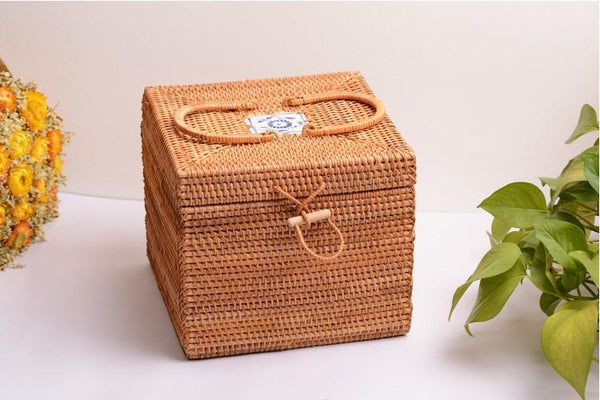 Rattan Wicker Serving Basket, Storage Baskets for Picnic, Kitchen Storage Baskets, Woven Storage Baskets with Lid-Art Painting Canvas