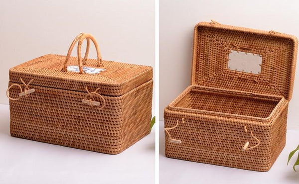 Rattan Wicker Serving Basket, Storage Baskets for Picnic, Kitchen Storage Baskets, Woven Storage Baskets with Lid-Art Painting Canvas