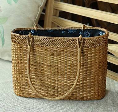 Indonesia Handmade Rattan Handbag, Woven Rattan Handbag, Natural Fiber Handbag, Small Rustic Handbag for Outdoor-Art Painting Canvas