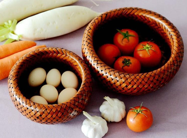 Farmhouse Small Storage Basket, Woven Snacks Basket, Bamboo Storage Basket, Round Storage Basket for Kitchen, Set of 3-Art Painting Canvas