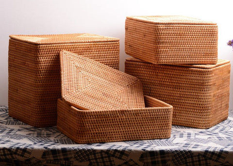 Storage Baskets with Lid, Rectangular Storage Baskets, Storage Baskets for Clothes, Pantry Storage Baskets, Rattan Woven Storage Basket for Bedroom-Art Painting Canvas