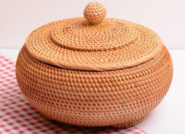 Round Storage Basket, Woven Storage Basket with Lid, Rattan Basket for Kitchen, Wicker Storage Basket-Art Painting Canvas