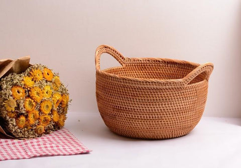 Woven Storage Basket, Kitchen Storage Basket, Large Rattan Basket, Kitchen Storage Ideas, Round Storage Basket-Art Painting Canvas