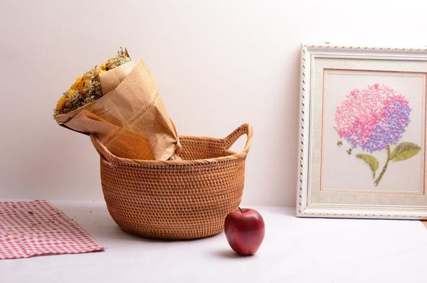 Woven Storage Basket, Kitchen Storage Basket, Large Rattan Basket, Kitchen Storage Ideas, Round Storage Basket-Art Painting Canvas