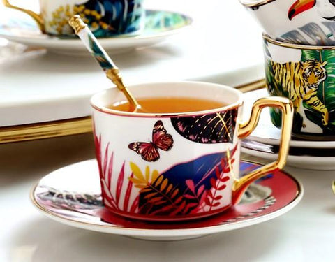 Butterfly Pattern Porcelain Coffee Cups, Coffee Cups with Gold Trim and Gift Box, Tea Cups and Saucers-Art Painting Canvas