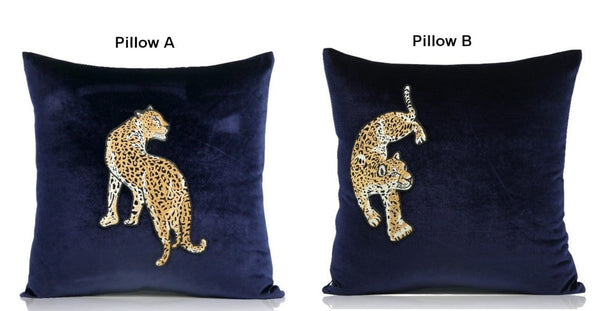 Modern Sofa Pillows, Contemporary Throw Pillows, Cheetah Decorative Throw Pillows, Blue Decorative Pillows for Living Room-Art Painting Canvas